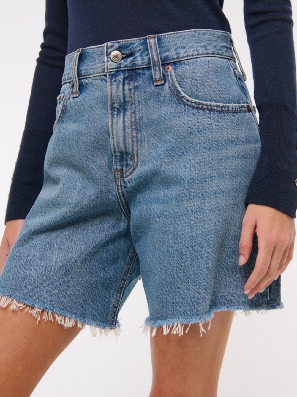 Abercrombie & Fitch Light Blue High-Rise Frayed Denim Bermudas
